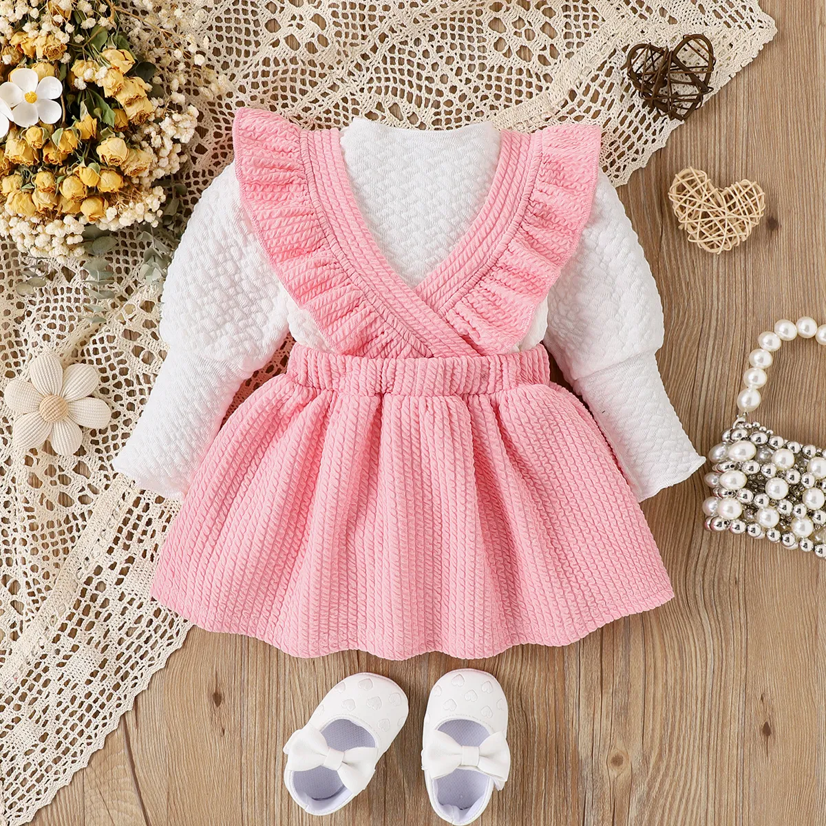 2pcs Baby Girl Sweet Ruffle Edge Long Sleeve Dresses Set   image 3