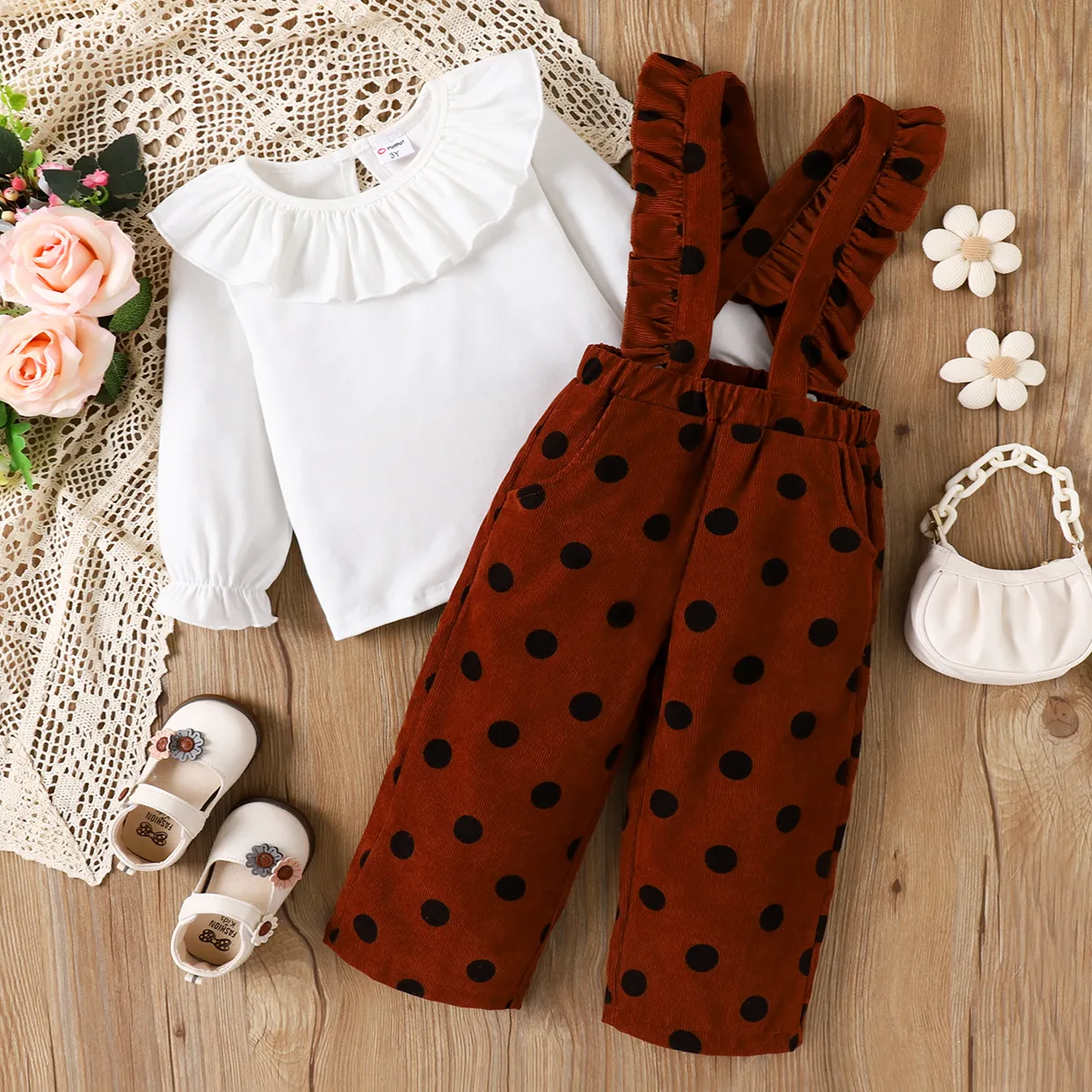 2pcs Toddler Girl Polka Dot Ruffle Edge Set Coffee image 2