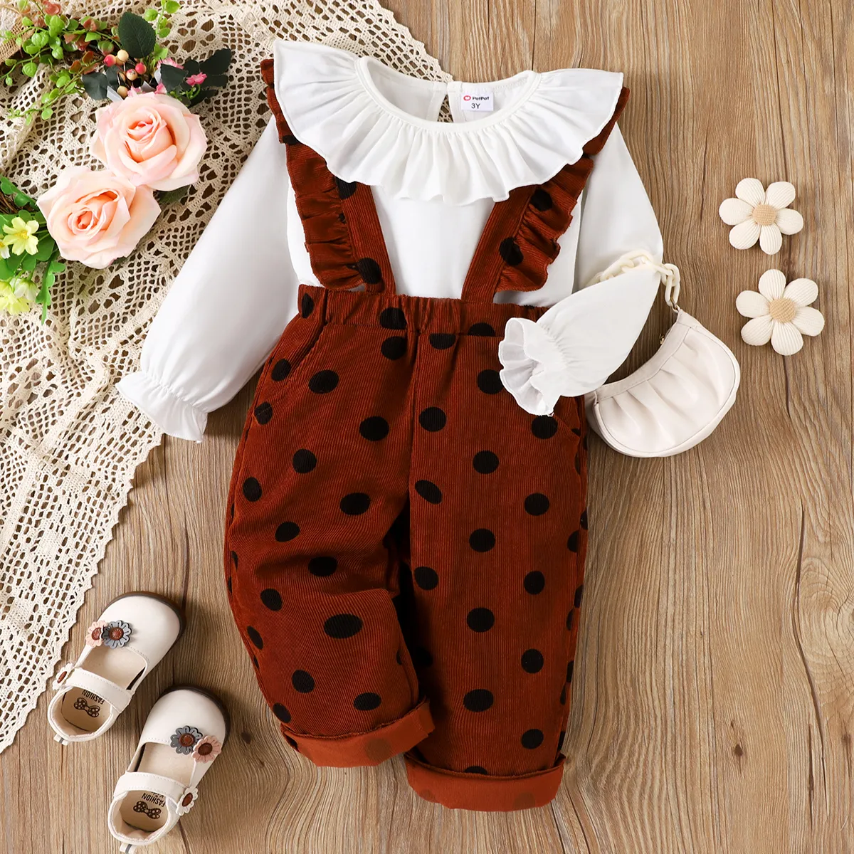 2pcs Toddler Girl Polka Dot Ruffle Edge Set Coffee big image 1