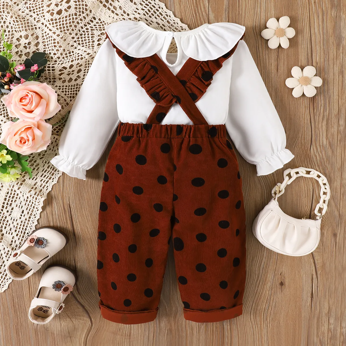 2pcs Toddler Girl Polka Dot Ruffle Edge Set Coffee image 3