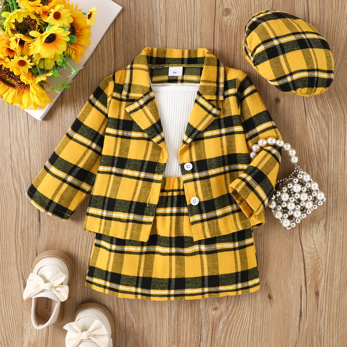 4pcs Toddler Girl Plaid Jacket & Skirt & Beret Hat and White Rib-knit Cami Top Set