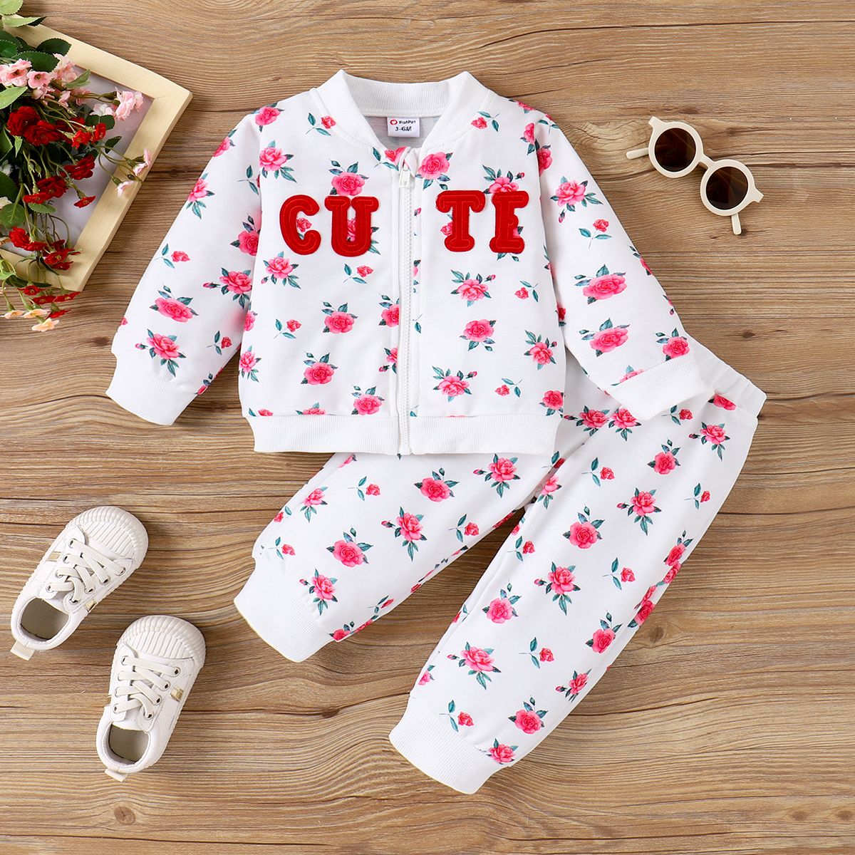 2pcs Baby Girl Allover Floral & Letters Graphic Zipper Long-sleeve Sweatshirt And Pants Set