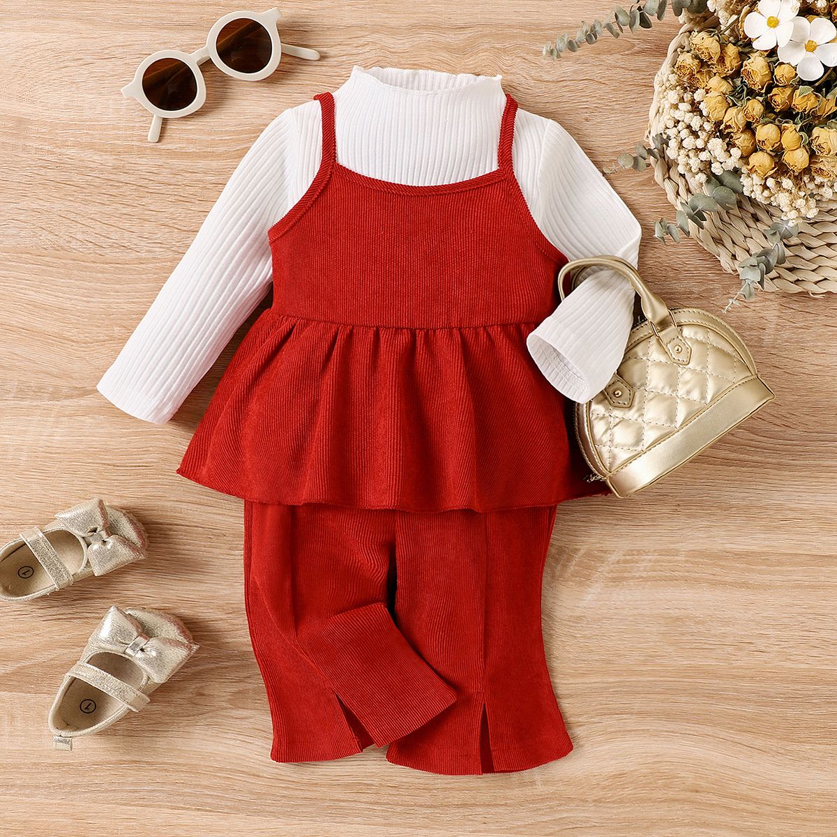 3pcs Baby Girl 95% Cotton Ribbed Ruffle Solid Long-sleeve Top And Slip Top & Pants Set