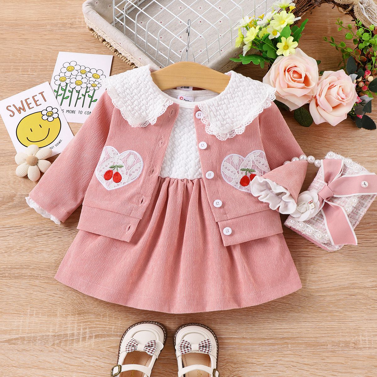 

2pcs Baby Girl Sweet Cherry Lapel Longsleeve Dress Set