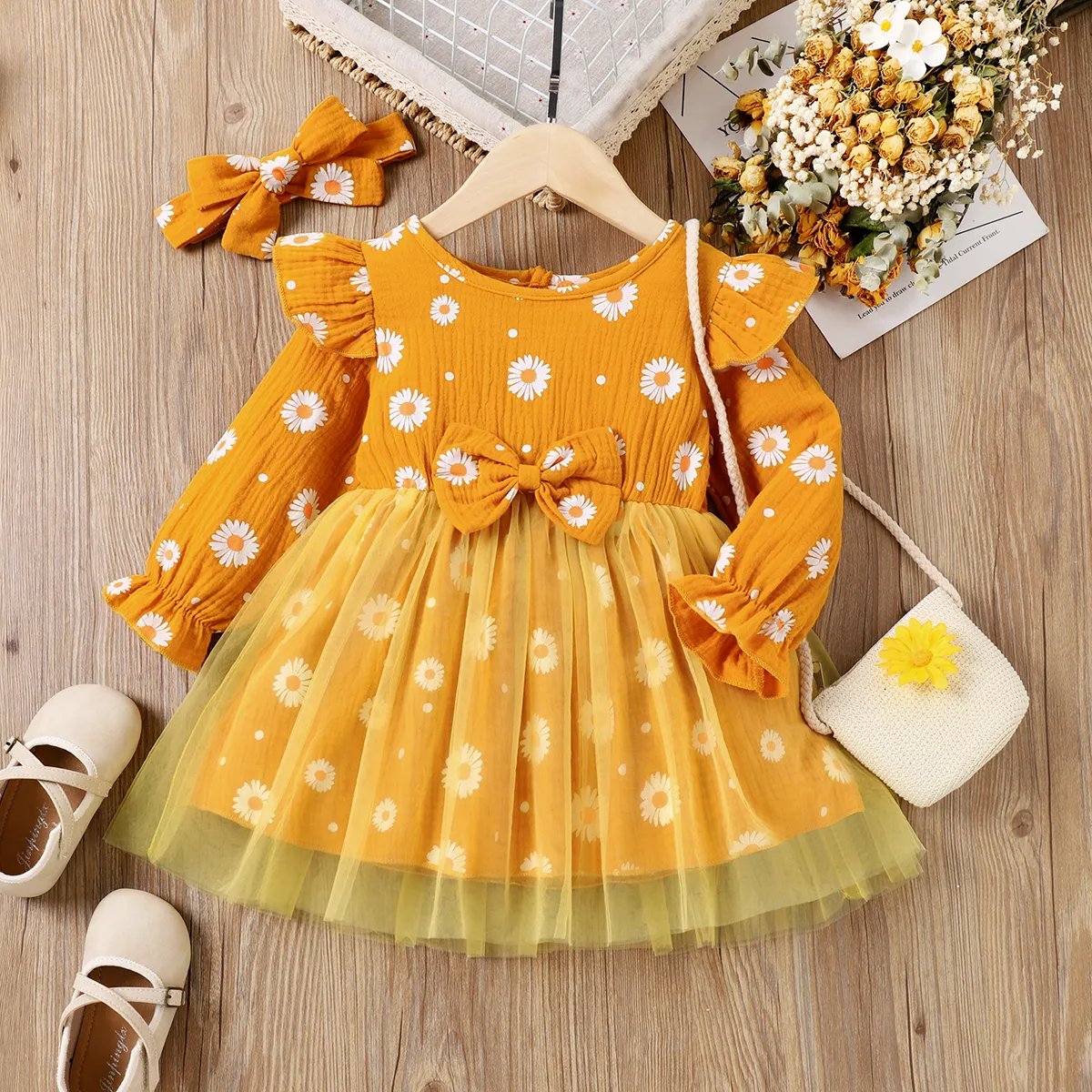 Toddler Girl Floral Pattern Flutter Sleeves Dress