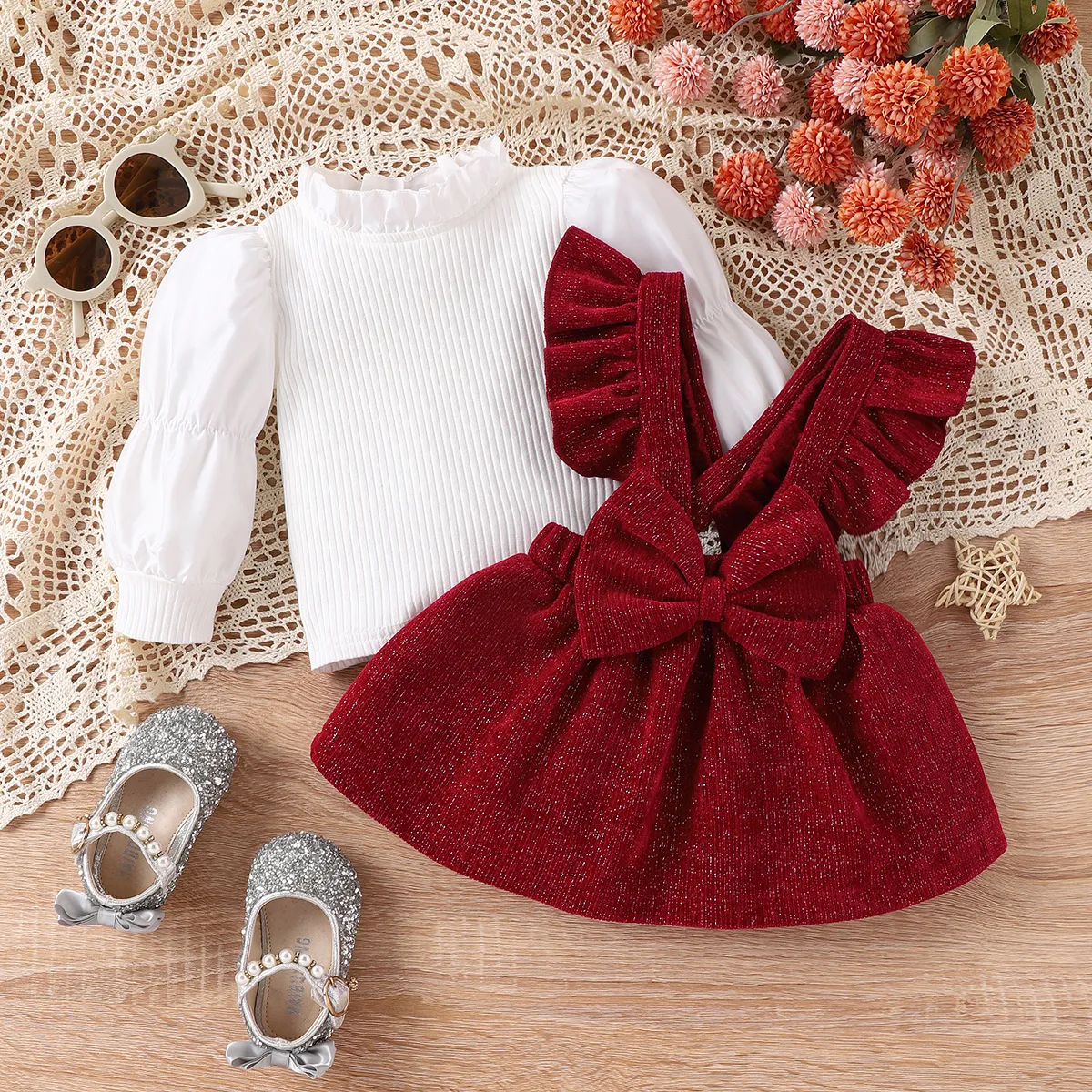 2PCS Baby Girl  Sweet Solid Color Ruffle Edge Long Sleeve Dress Set Red big image 1