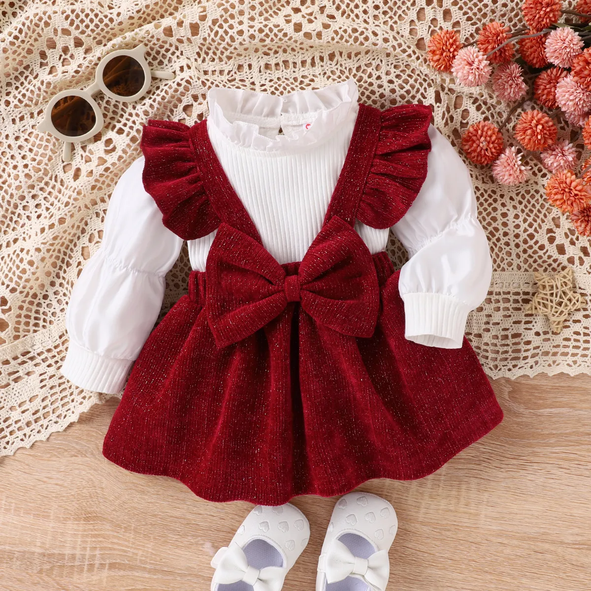 2PCS Baby Girl  Sweet Solid Color Ruffle Edge Long Sleeve Dress Set