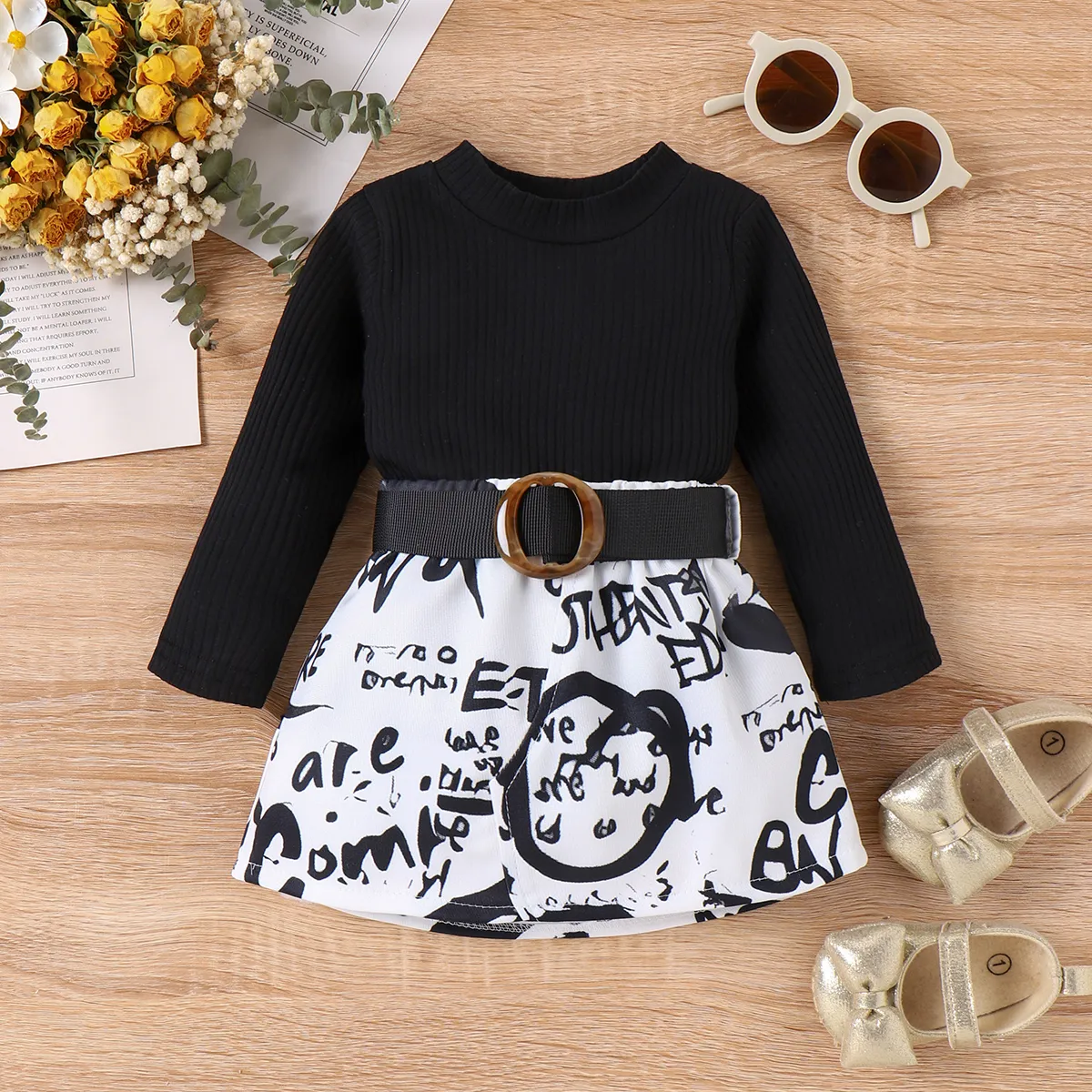 3pcs Baby Girl Graffiti Print Avant-garde Long Sleeve Skirt Set Black big image 1