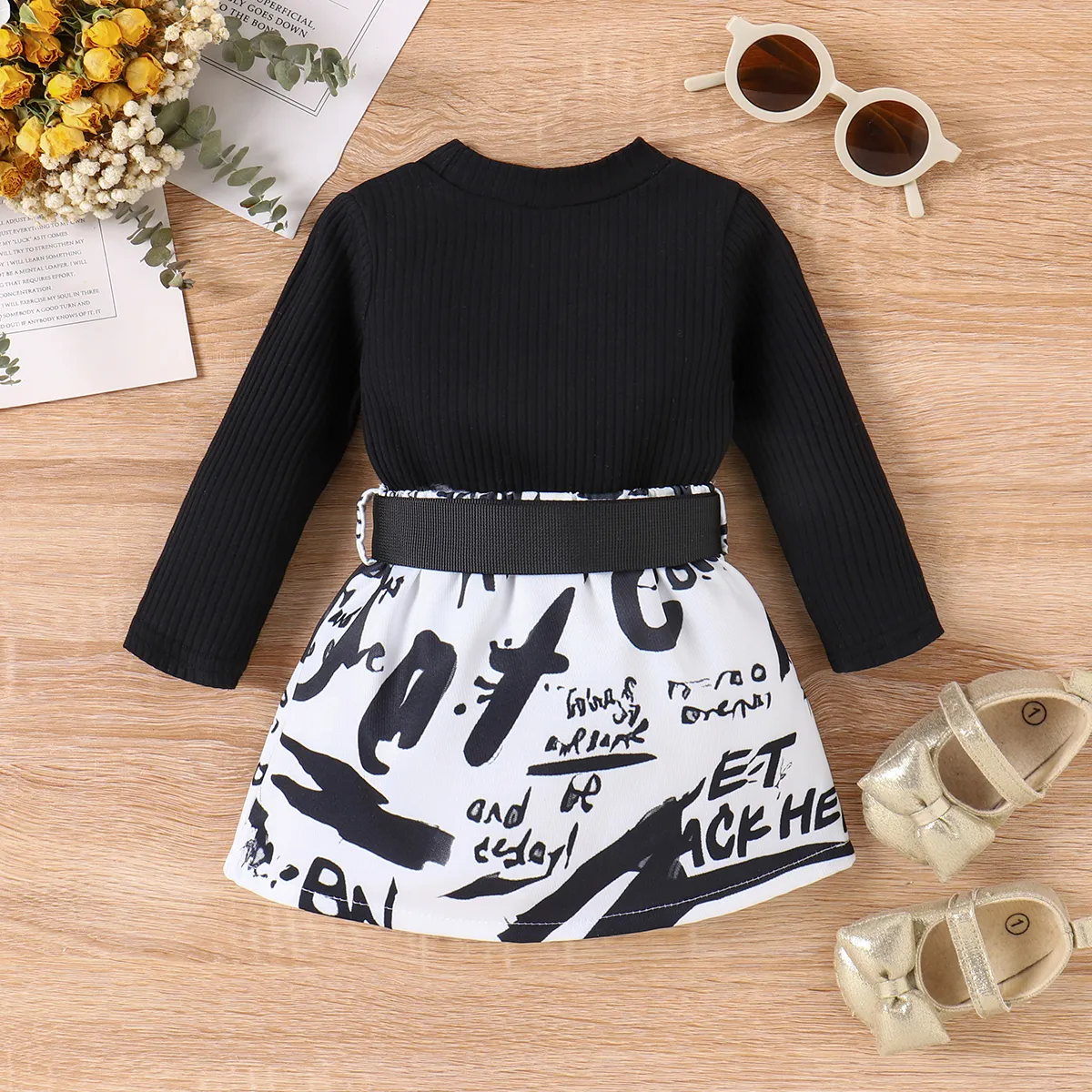 3pcs Baby Girl Graffiti Print Avant-garde Long Sleeve Skirt Set Black image 2