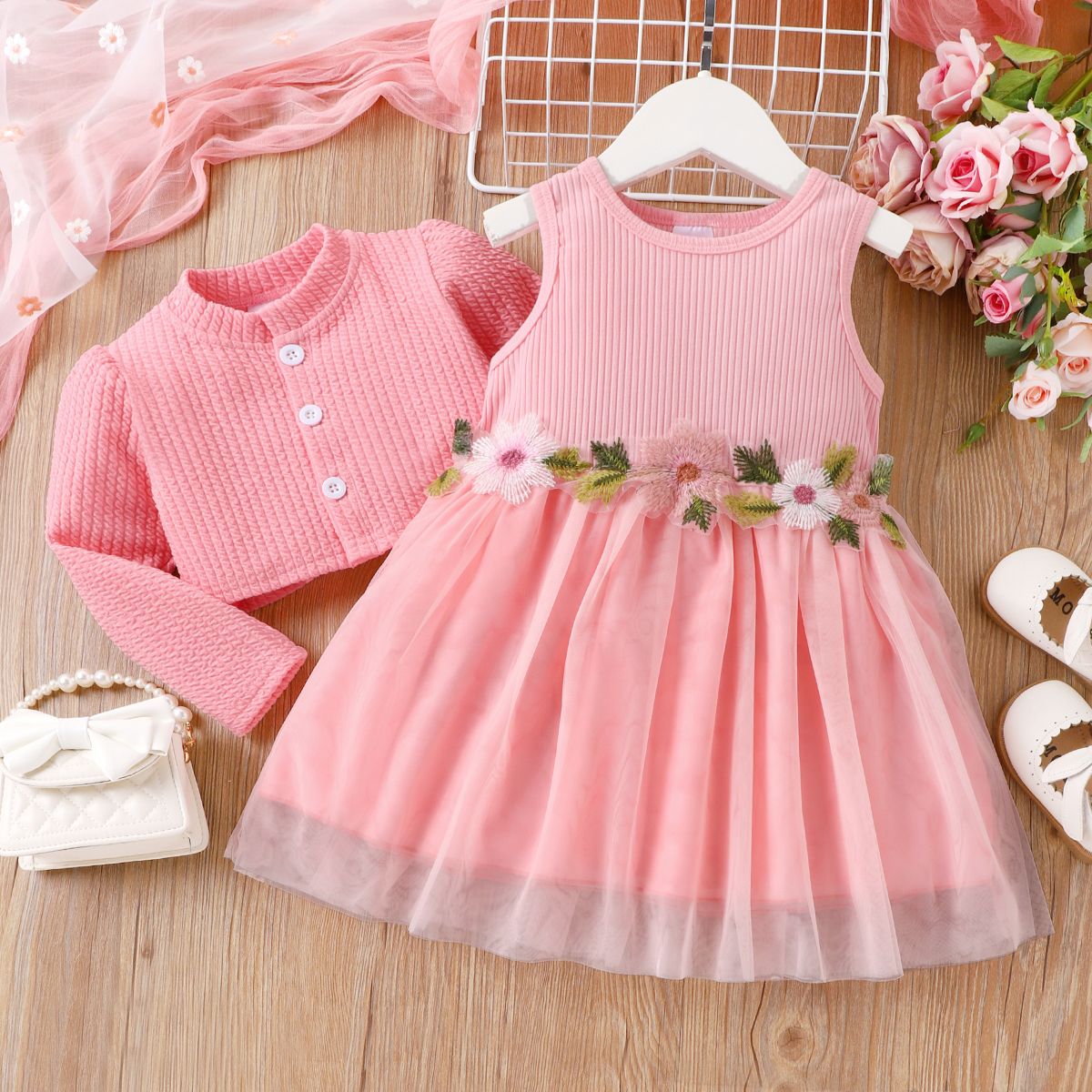 

2pcs Toddler Girl Mesh Floral Embroidery Design Fairy Dress