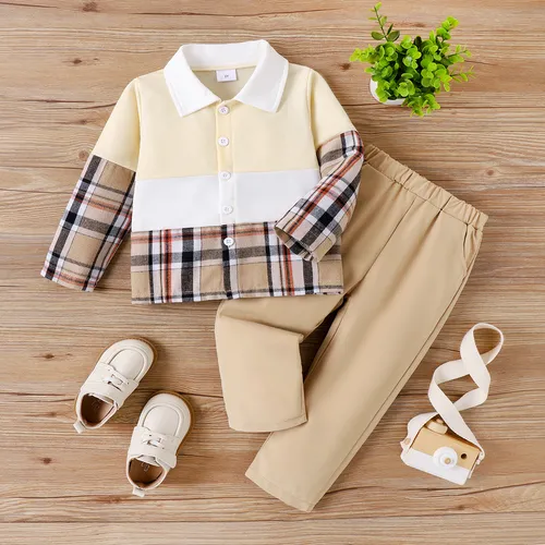 2pcs Toddler Boy Solid Color Bottom and Plaid Top Set