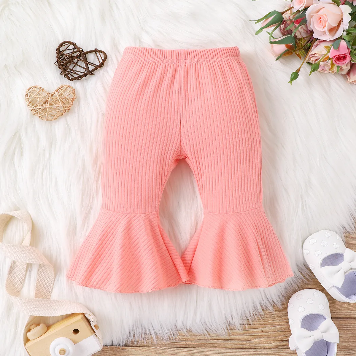 Baby Girl Solid Basic Ribbed Pants Pink big image 1