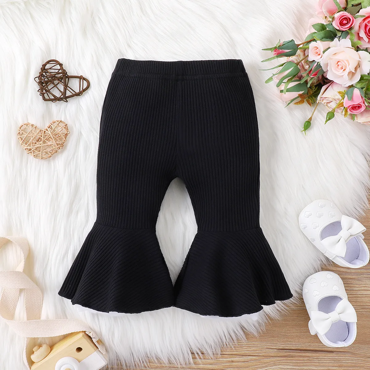Baby Girl Solid Basic Ribbed Pants Black