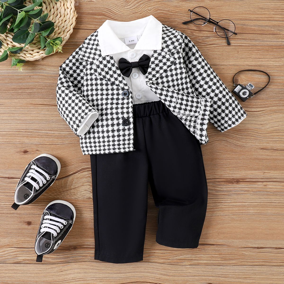 

3pcs Baby Boy School Chidori Grid Lapel Long Sleeve Set