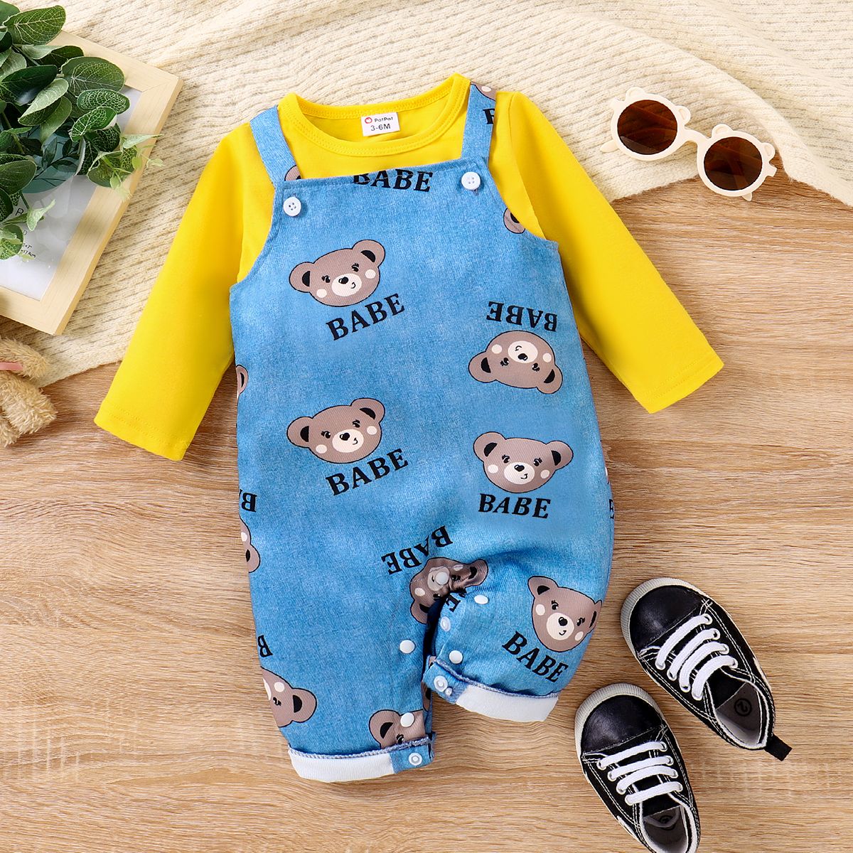 2pcs Baby Boy Bear & Letters Graphic Long-sleeve Top And Overalls Set