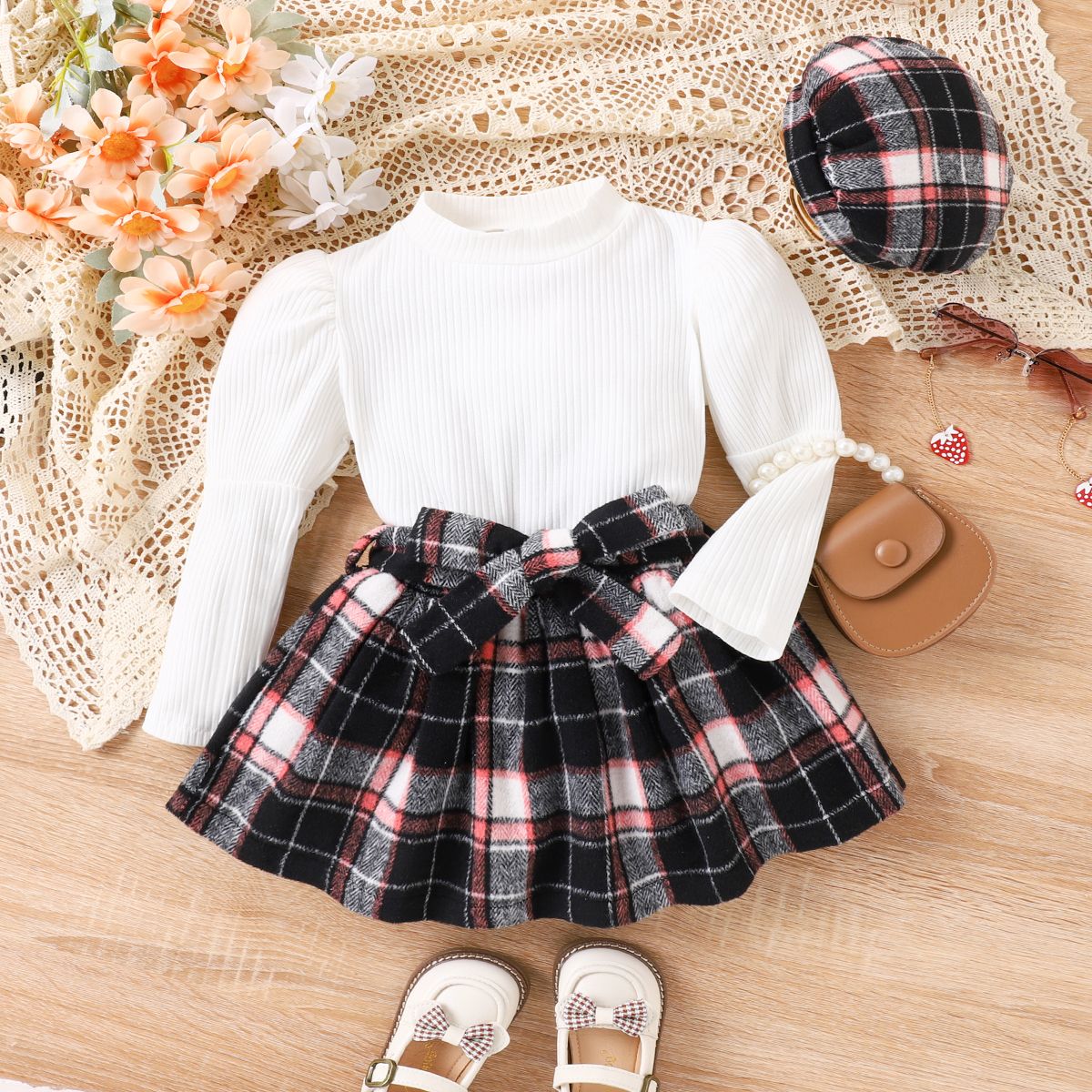 

3pcs Toddler Girl Classic Grid Puff Sleeves Suit Dress