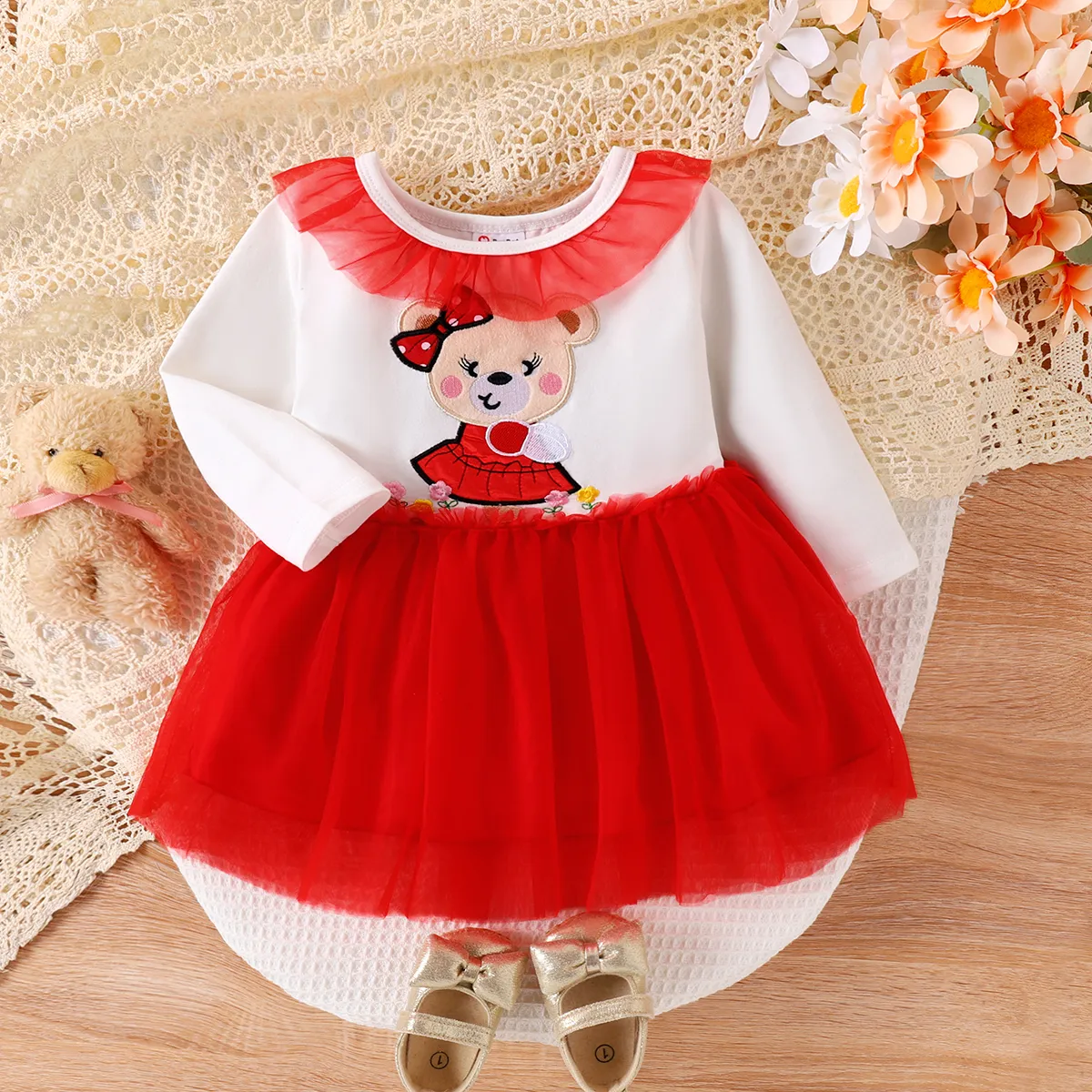 Bebé Costuras de tecido Urso Bonito Manga comprida Vestidos Vermelho big image 1