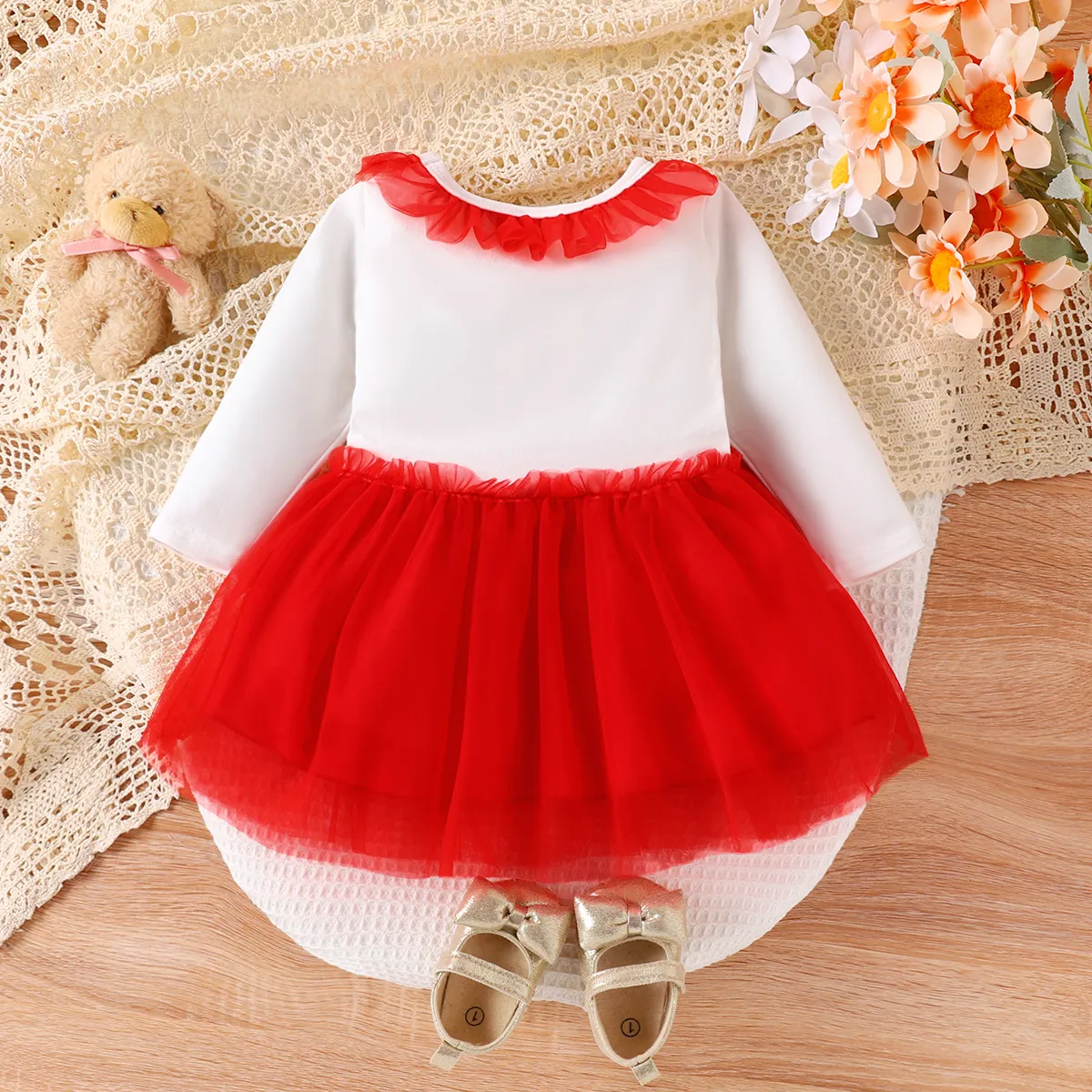 Bebé Costuras de tecido Urso Bonito Manga comprida Vestidos Vermelho image 2