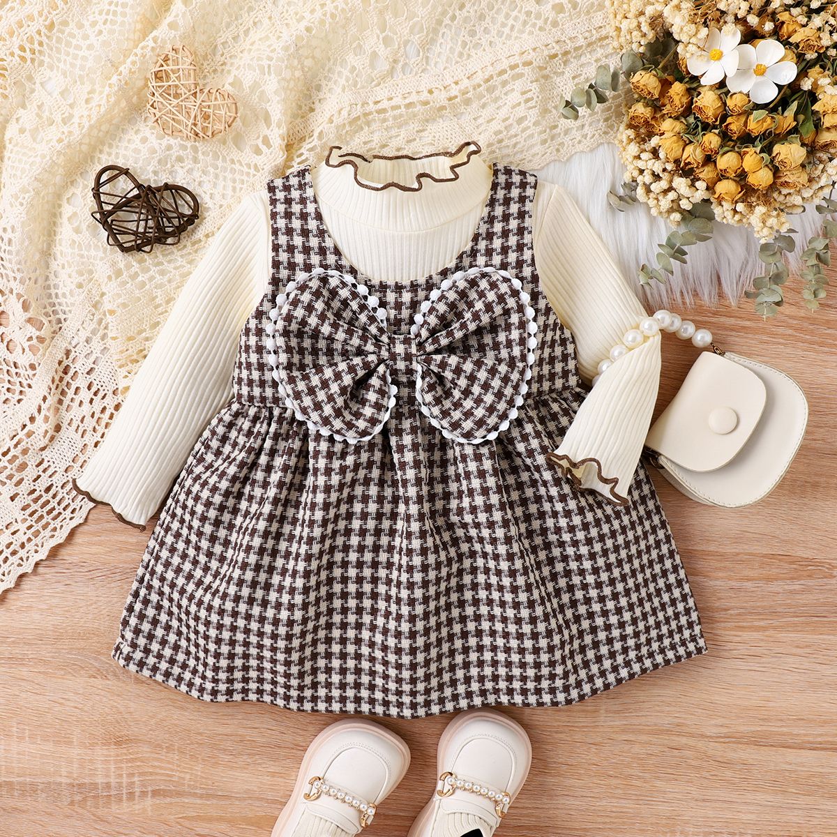 

2PCS Baby Girl Sweet Hyper-Tactile Grid/Houndstooth Long Sleeve Dress Set