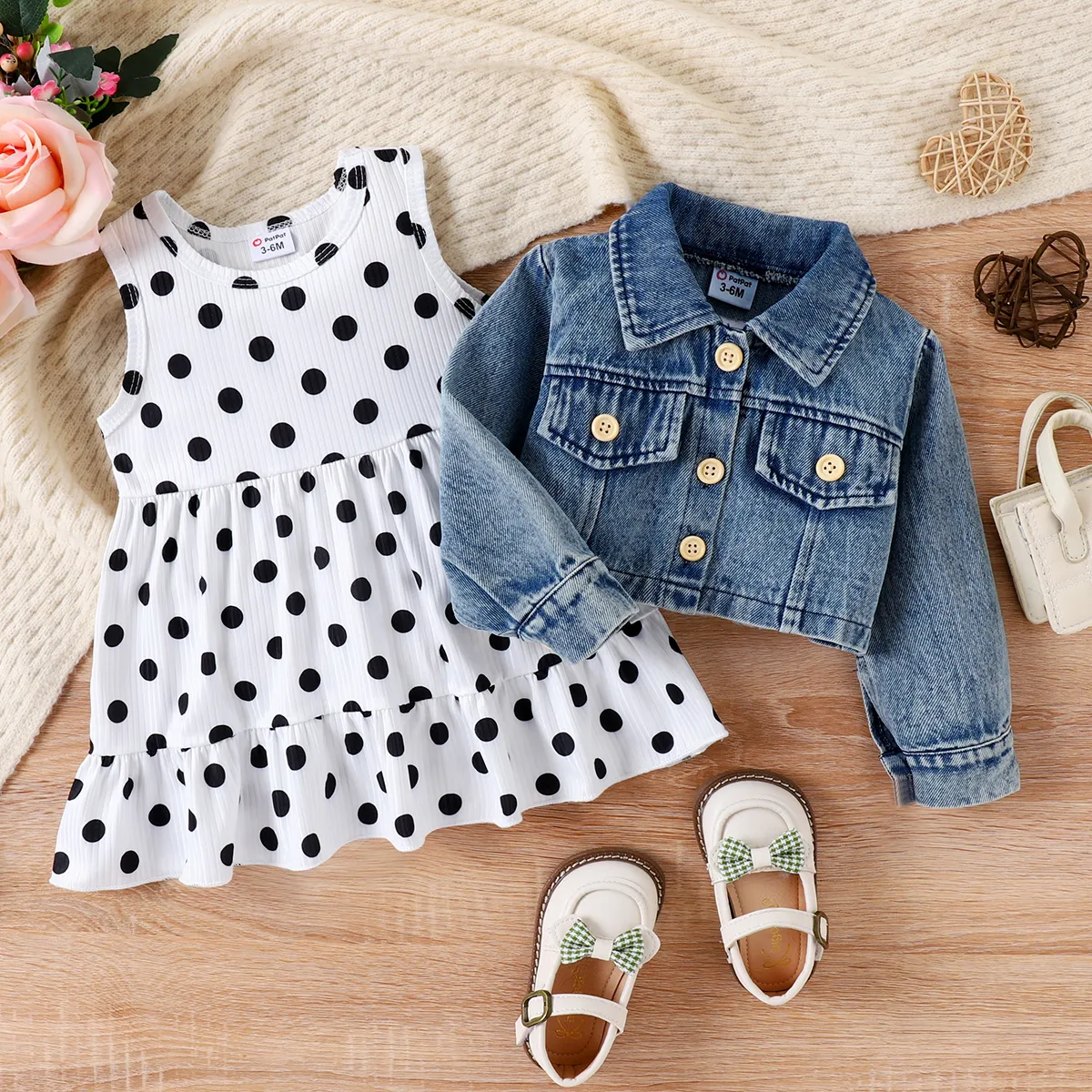 2PCS Girls' Sweet Polka Dot Lapel Long Sleeve Dress Set  big image 1