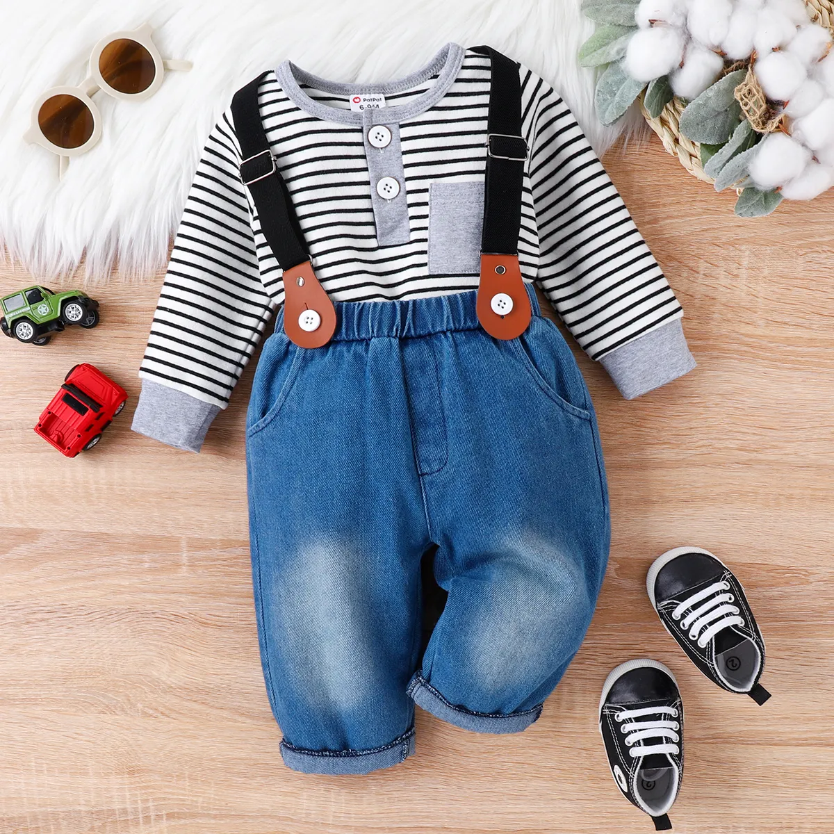 2pc Baby Boy Casual Stripe Denim Long Sleeve Set Blue big image 1