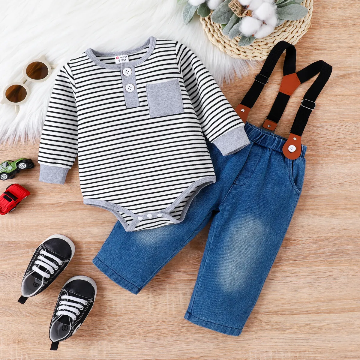 2pc Baby Boy Casual Stripe Denim Long Sleeve Set Blue image 2