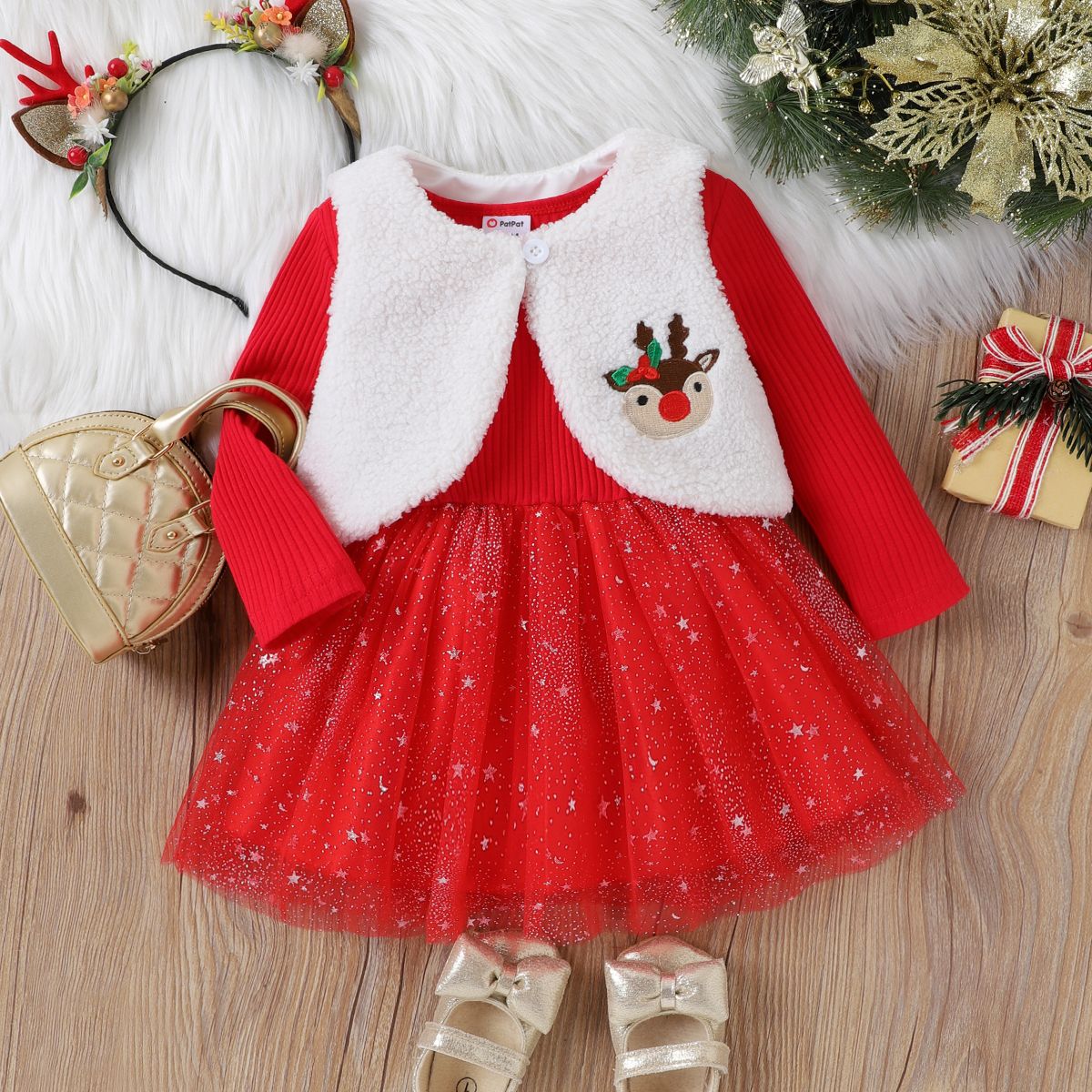 2PCS Baby Girl Sweet Christmas Coat/Long Sleeve Dress Set