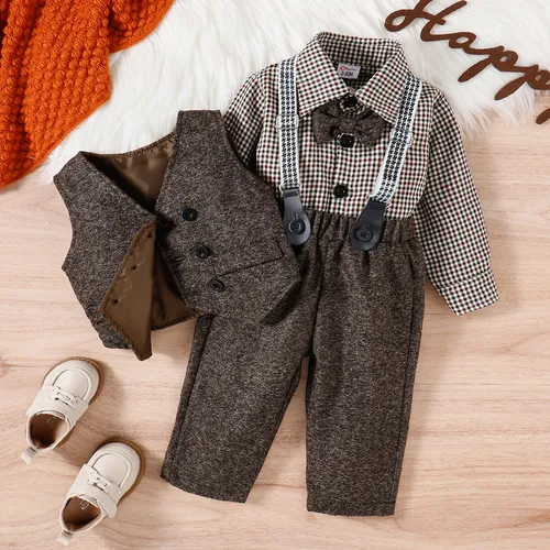 3PCS Baby Boy Elegant Grid/Houndstooth Shirt Collar Long Sleeve Set
