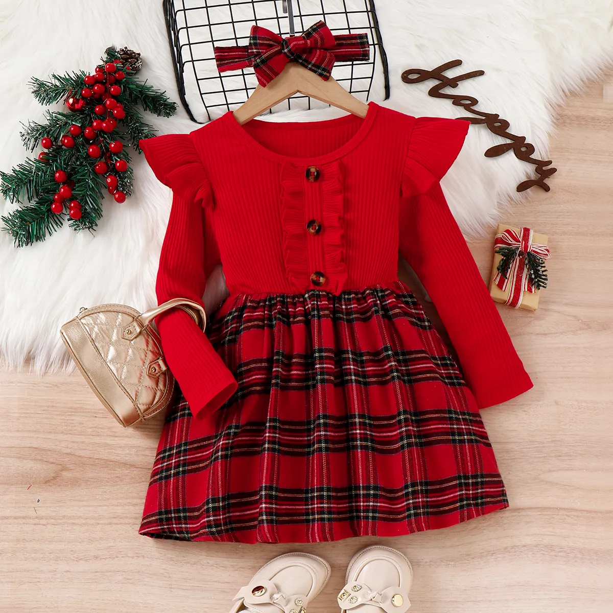 Christmas Toddler Girl Grid Print Ruffled Dress with Headband
