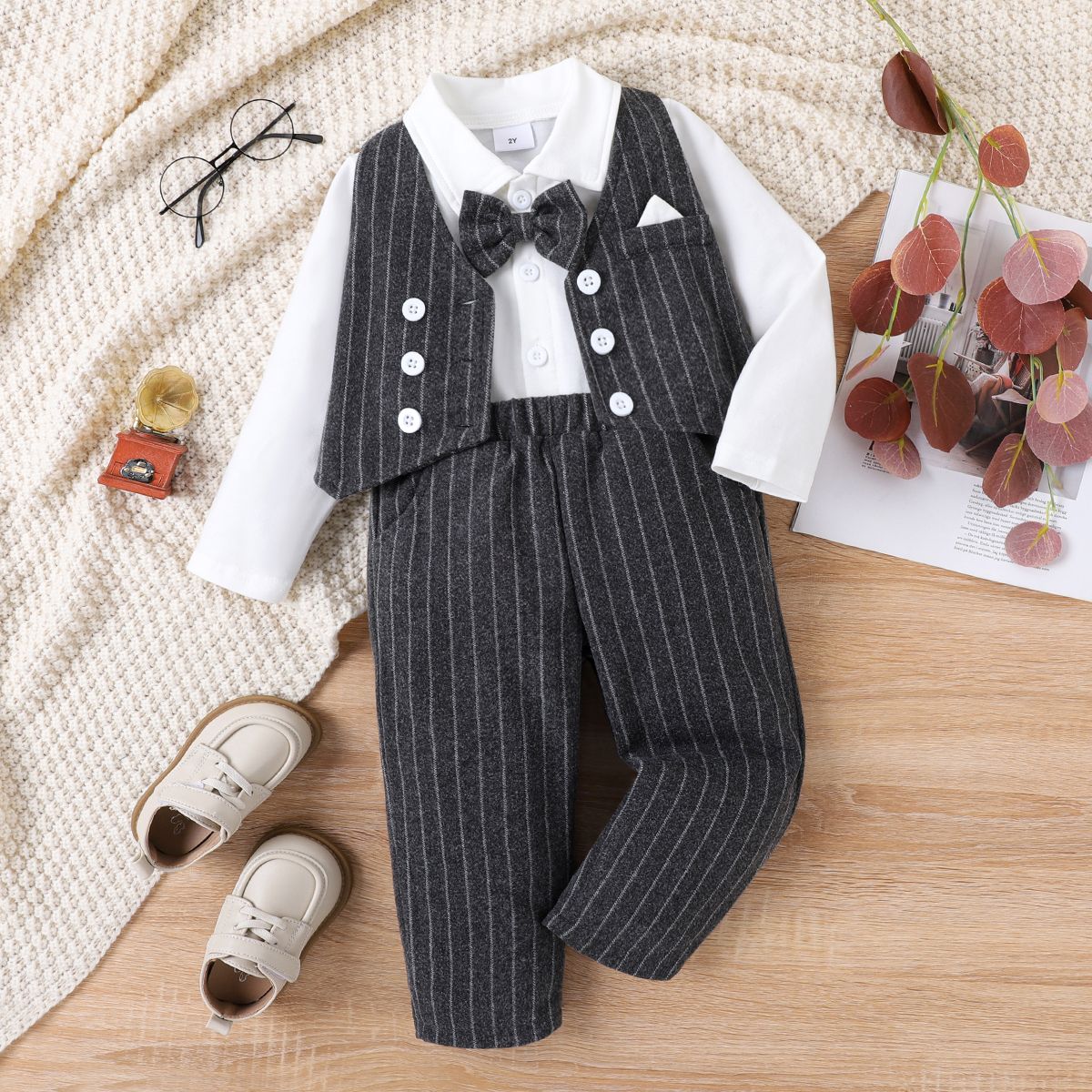 3 PCS Toddler Boy Secret Button Design Striped School Costume Set
