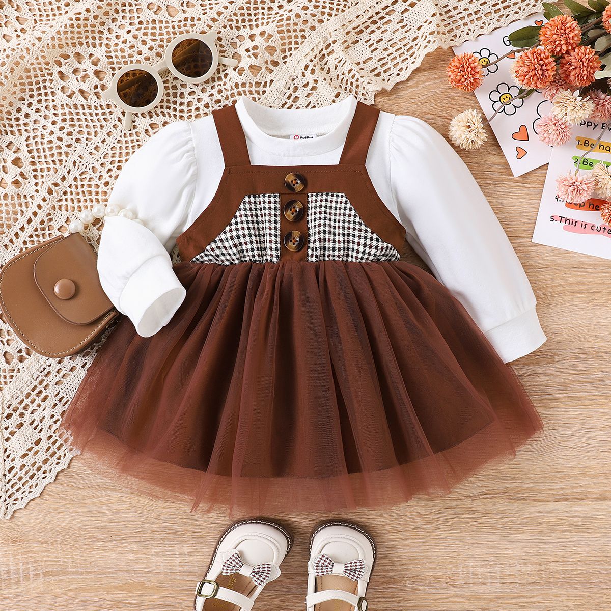 2PCS Baby Girl Fabric Splicing Sweet  Grid  Dress  Set