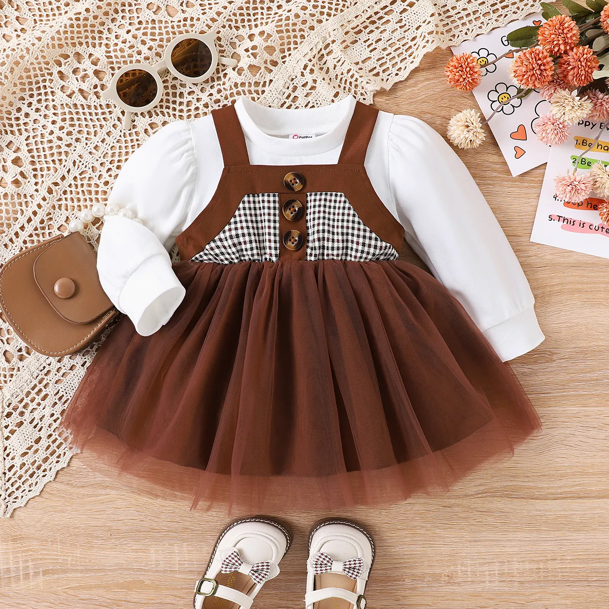 
2PCS Baby Girl Fabric Splicing Sweet  Grid  Dress  Set  big image 1