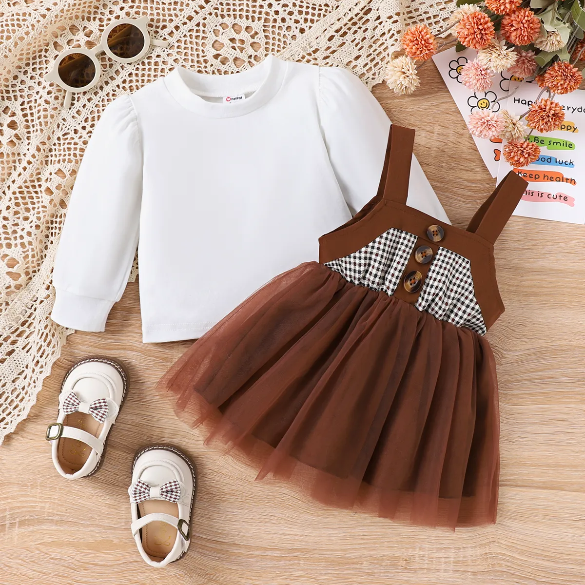 
2PCS Baby Girl Fabric Splicing Sweet  Grid  Dress  Set  image 2