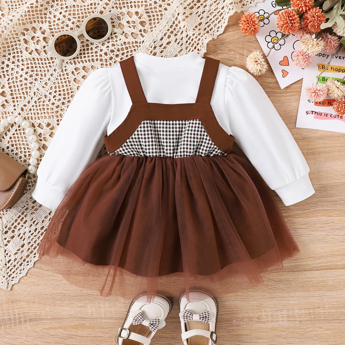 
2PCS Baby Girl Fabric Splicing Sweet  Grid  Dress  Set  image 5