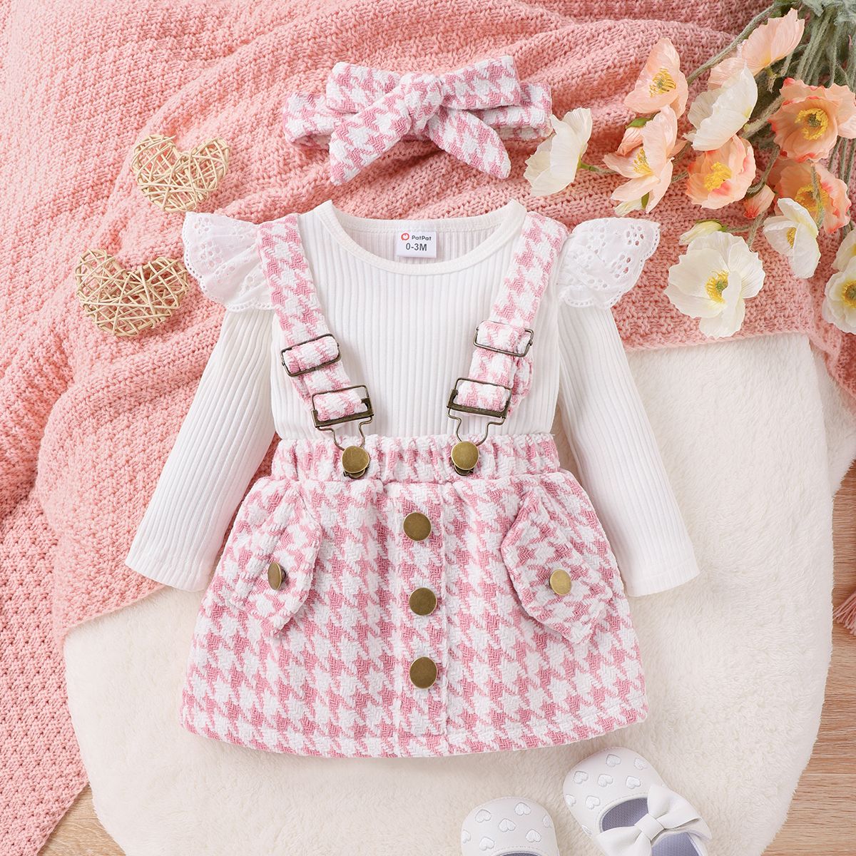 

3PCS Baby Girl Sweet Grid/Houndstooth Ruffle Edge Dress Set