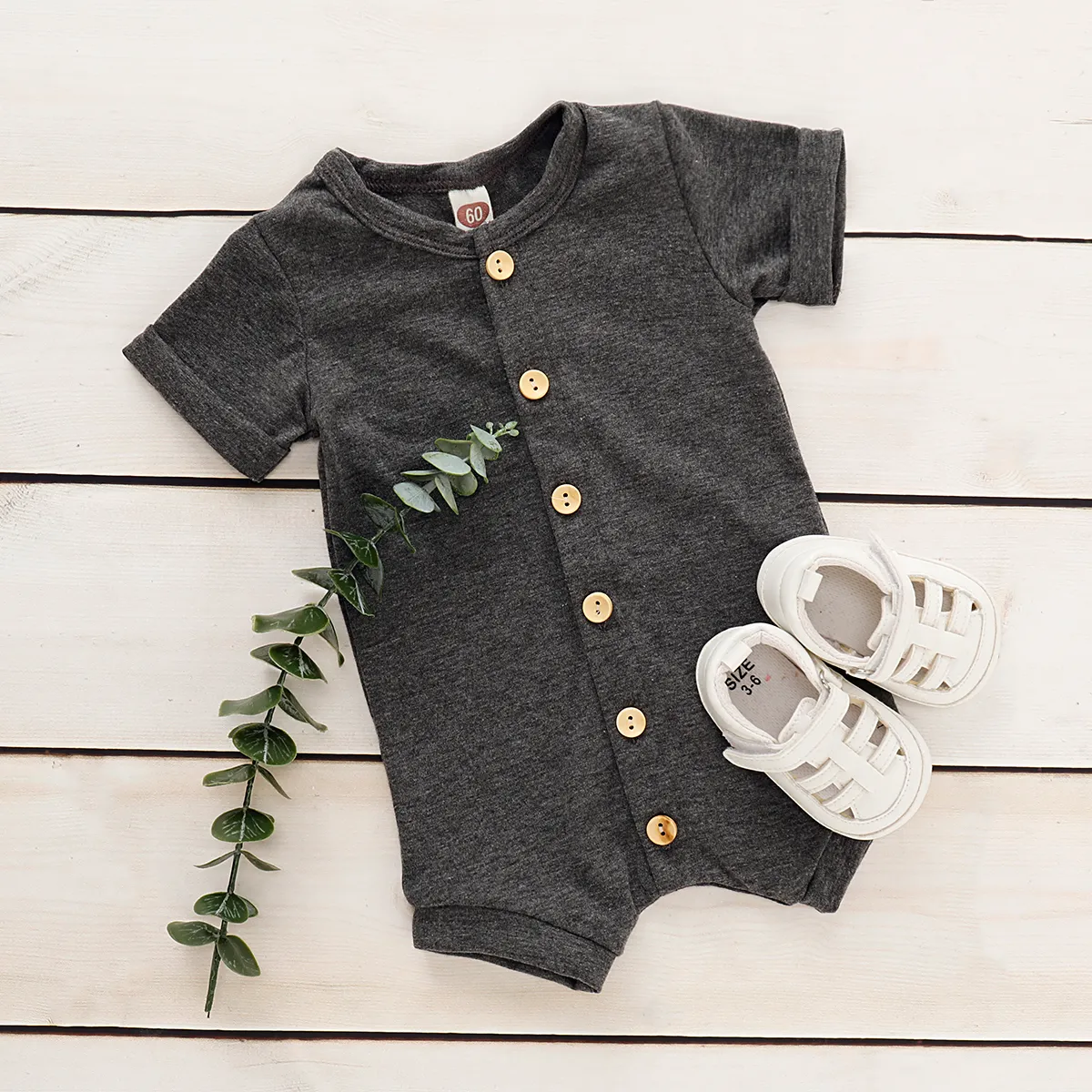 100% Cotton Striped Short-sleeve Baby Romper Grey big image 1