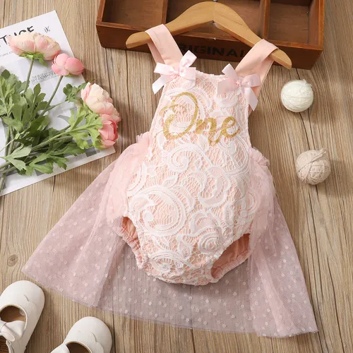 Baby Pink Floral Lace and Mesh Splicing Sleeveless Letter Romper Party Dress