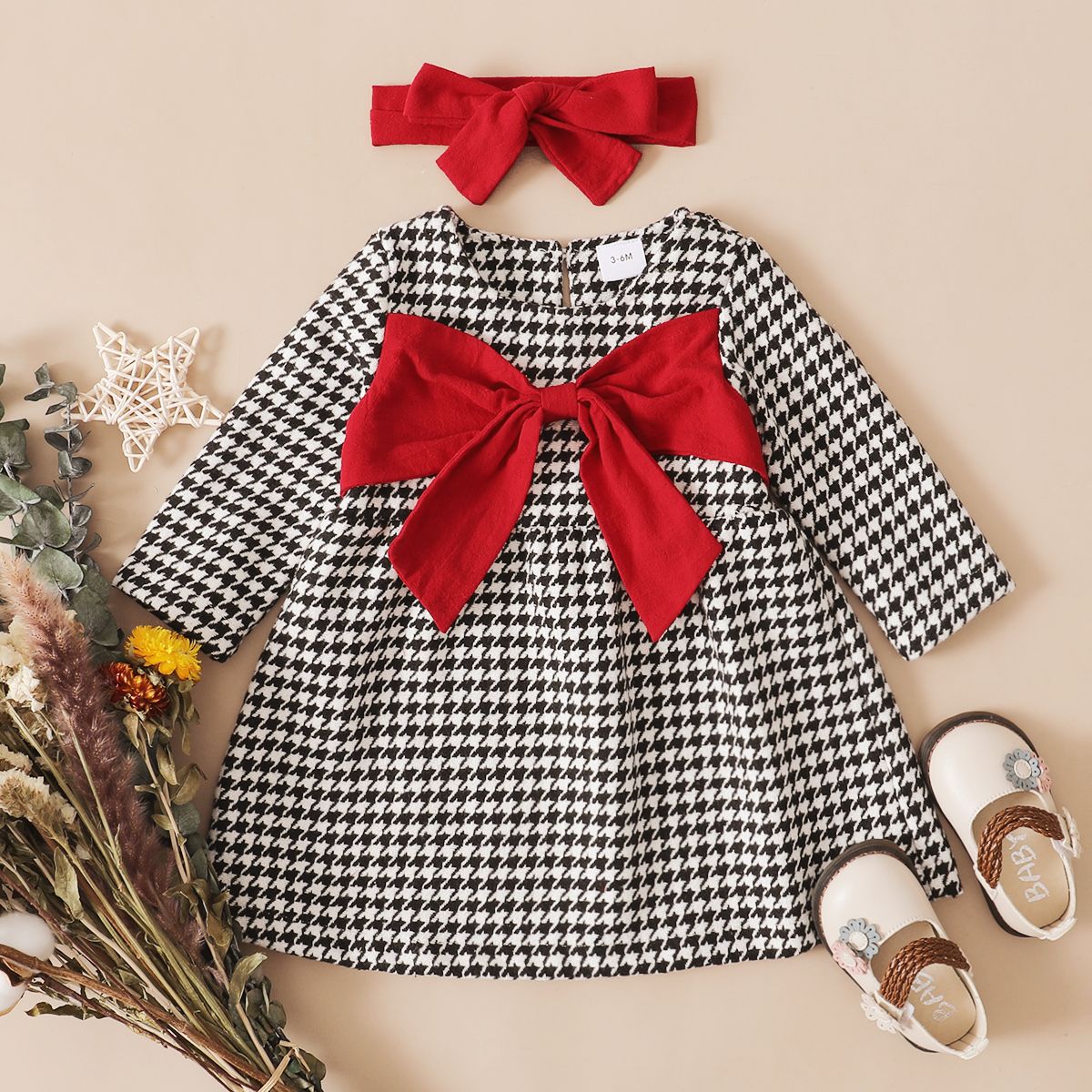 Baby 2pcs Cashmere Wool Houndstooth Plaid Long-sleeve Bowknot Dress