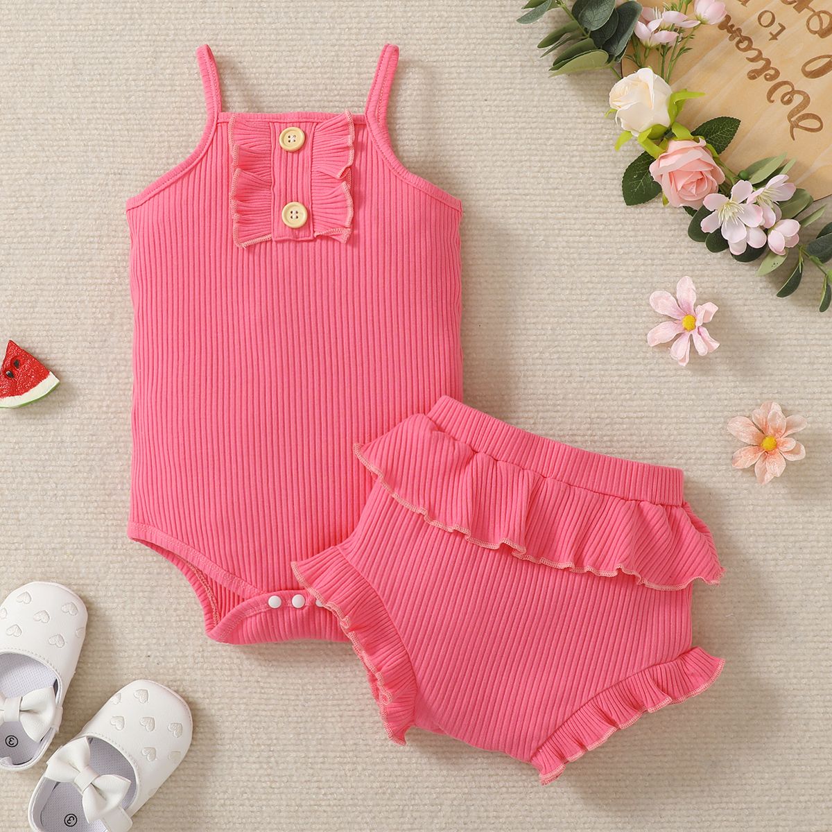 

Cotton 2pcs Baby Girl Solid Ribbed Spaghetti Strap Ruffle Romper and Shorts Set