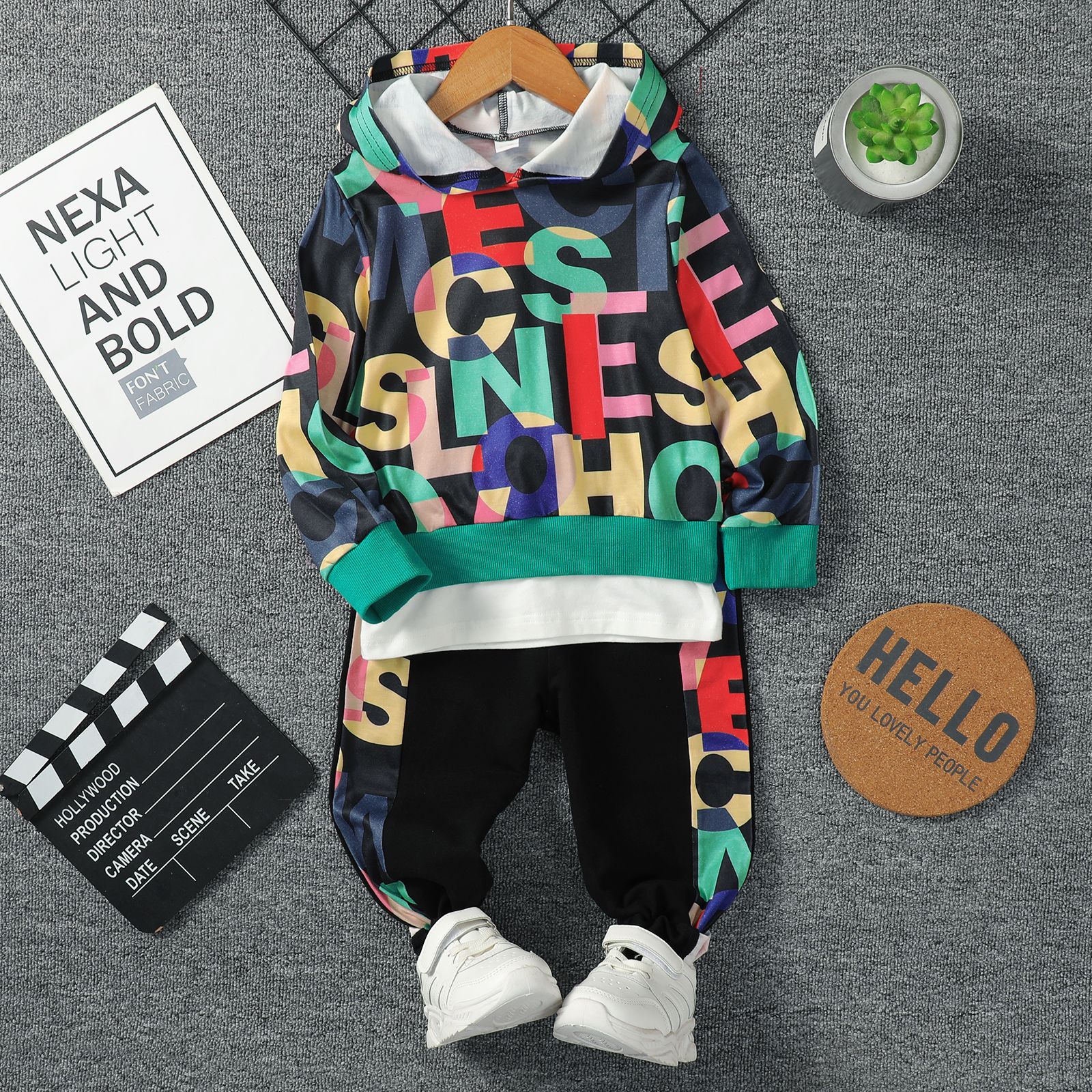 

2pcs Toddler Boy Trendy Letter Print Faux-two Hoodie Sweatshirt and Pants Set