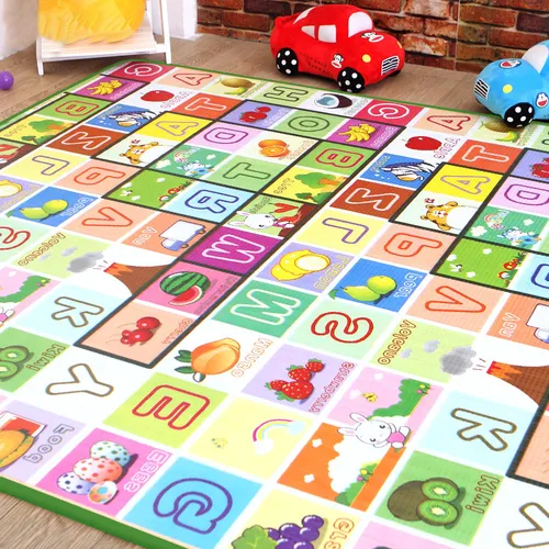 Esterilla de gateo de juego para bebés con estampado de frutas del alfabeto (patrón alfabético consistente, diseño aleatorio en el otro lado)