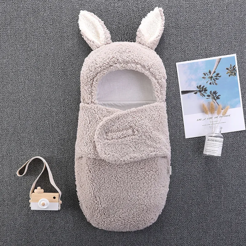 Newborn Solid Color Ear Anti-startle and Anti-kick Hooded Swaddles Grey