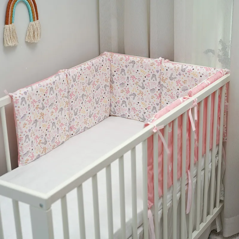 1-piece 100% Cotton Baby Crib Bumpers Removable Guard Rail Padded Circumference Bed Protection Safety Bed Side Rail Guard Protector Pink image 2