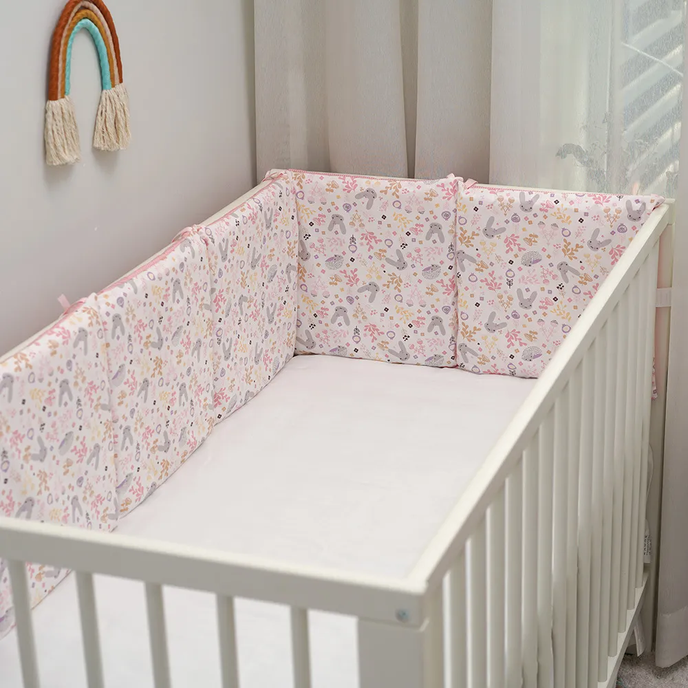 1-piece 100% Cotton Baby Crib Bumpers Removable Guard Rail Padded Circumference Bed Protection Safety Bed Side Rail Guard Protector Pink big image 1