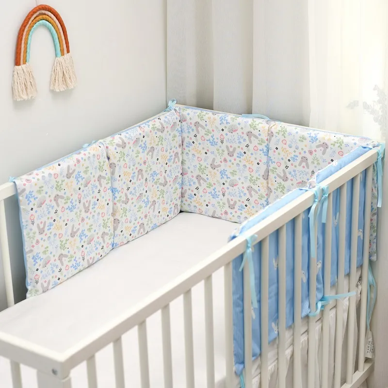 1-piece 100% Cotton Baby Crib Bumpers Removable Guard Rail Padded Circumference Bed Protection Safety Bed Side Rail Guard Protector Light Blue