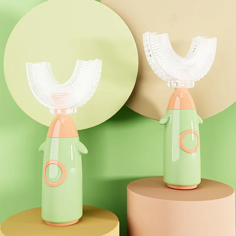 Cepillo de dientes de silicona en forma de u para niños, cepillo de dientes manual para niños pequeños, cabeza de cepillo de dientes de silicona de boca completa, limpieza de dientes bucales de 360 ° Verde big image 1