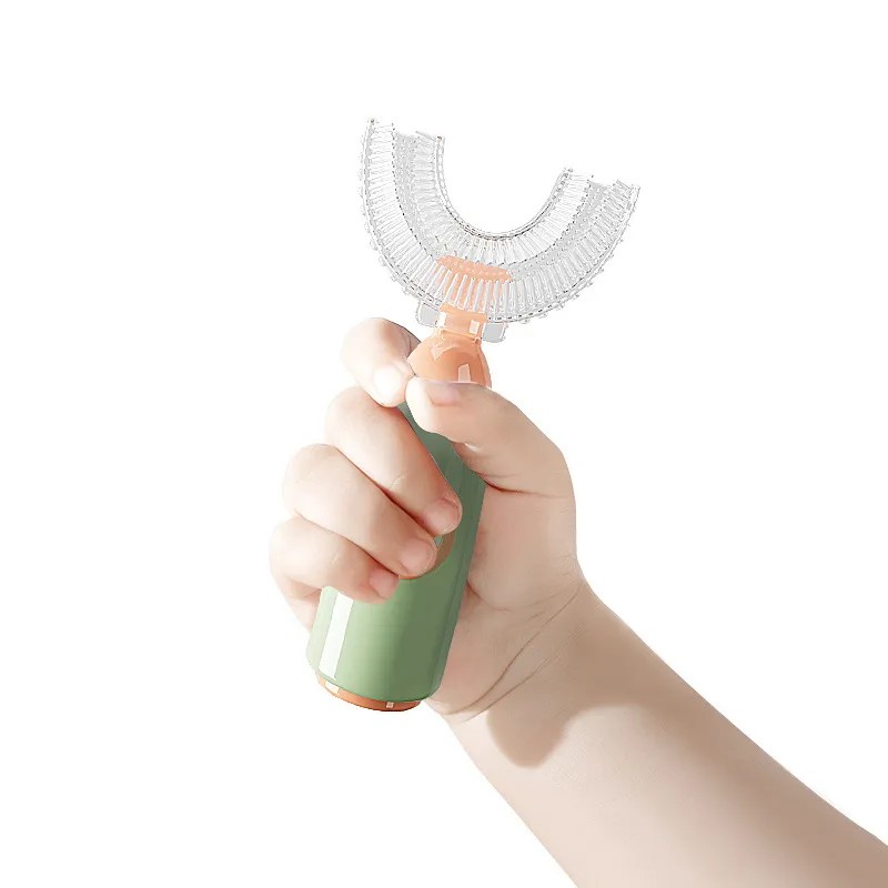Escova de dentes de silicone em forma de u para crianças escova de dentes manual para crianças boca inteira cabeça de escova de dentes de silicone 360 ° limpeza oral dos dentes Verde big image 1