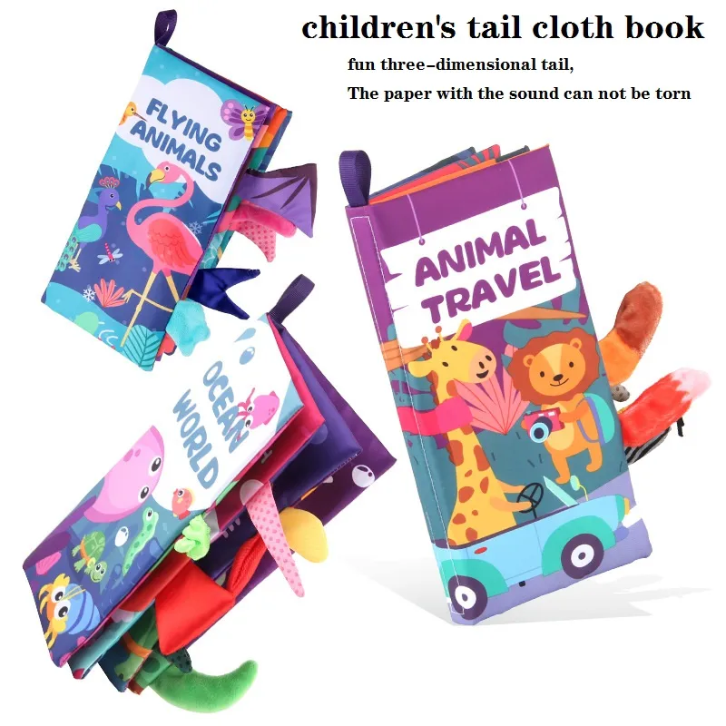 Animal Tails Cloth Book Washable Baby Soft Cloth Book Toys Built-in Sound Paper Activity Early Education Toy (Flying Animals / Ocean World / Animal Travel)  4pages Color-A image 2