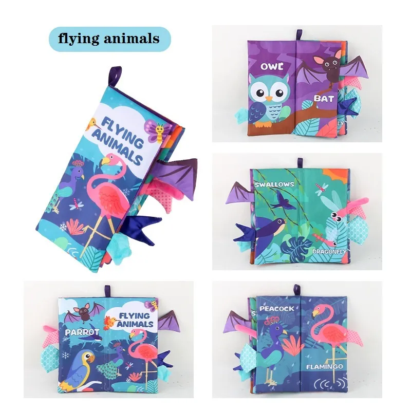 Animal Tails Cloth Book Washable Baby Soft Cloth Book Toys Built-in Sound Paper Activity Early Education Toy (Flying Animals / Ocean World / Animal Travel)  4pages Color-A big image 1