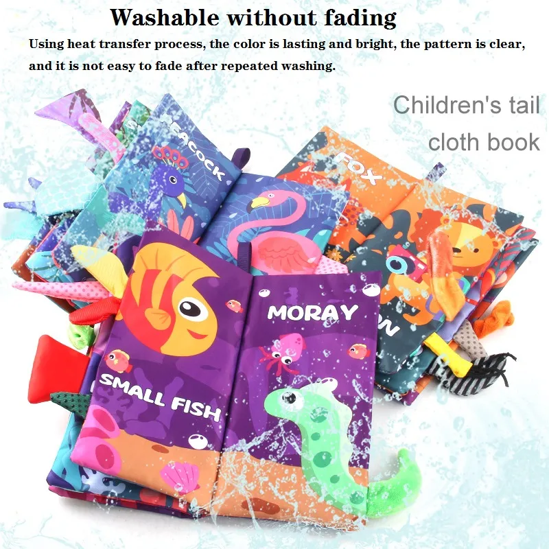 Animal Tails Cloth Book Washable Baby Soft Cloth Book Toys Built-in Sound Paper Activity Early Education Toy (Flying Animals / Ocean World / Animal Travel)  4pages Color-A image 3